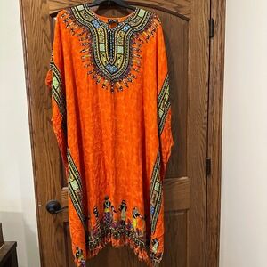 SOL Orange Dashiki Caftan Dress Free Size Bohemian Festival Fringe